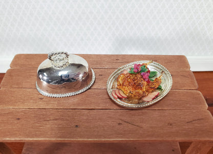 Dollhouse Food Chicken with Fruit on Silver Plated Platter with Lid 1:12 Scale Miniature by Falcon