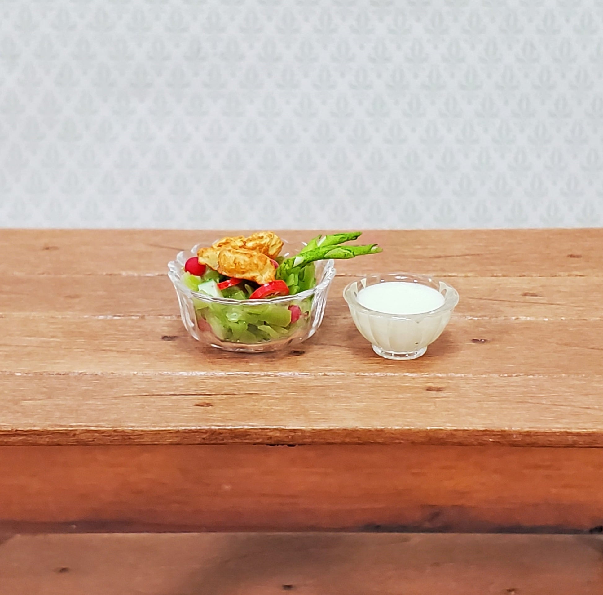 Miniature Chicken Salad Bowl with Side of Dressing 1:12 Scale Dollhouse Food