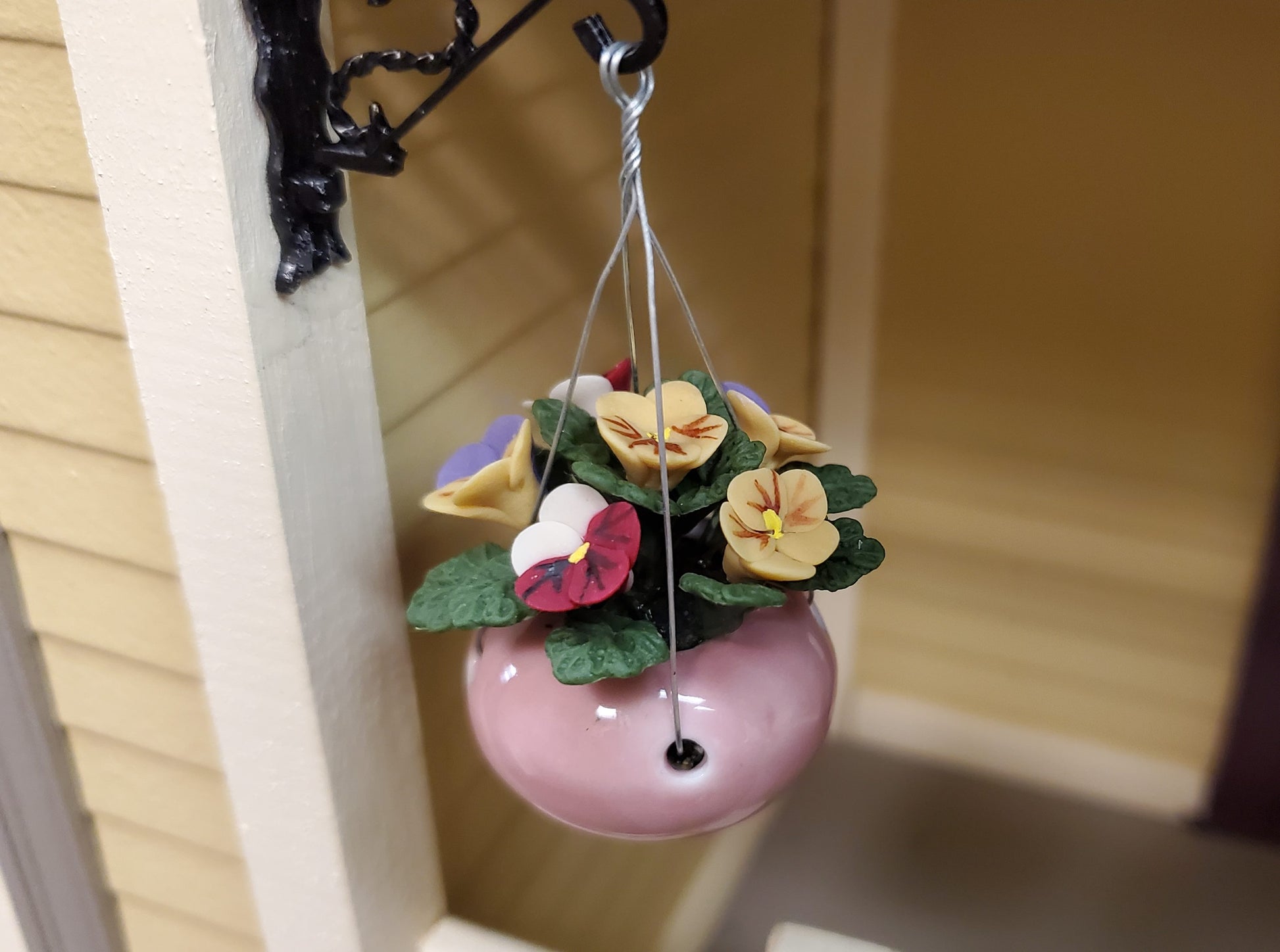 Dollhouse Pansies in a Hanging Pink Planter 1:12 Scale Miniature Garden