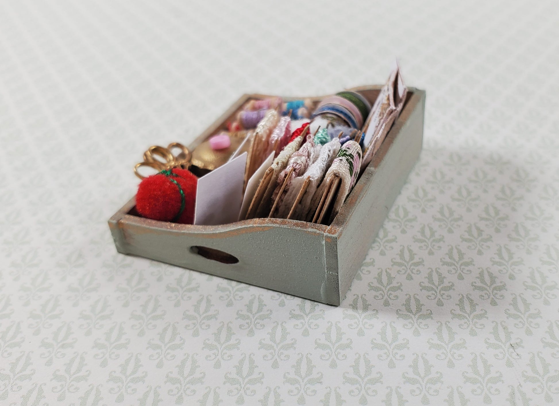 Dollhouse Sewing Box with Notions Patterns Lace Pin Cushion 1:12 Scale Miniature
