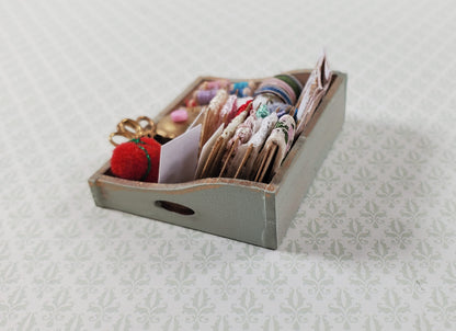 Dollhouse Sewing Box with Notions Patterns Lace Pin Cushion 1:12 Scale Miniature