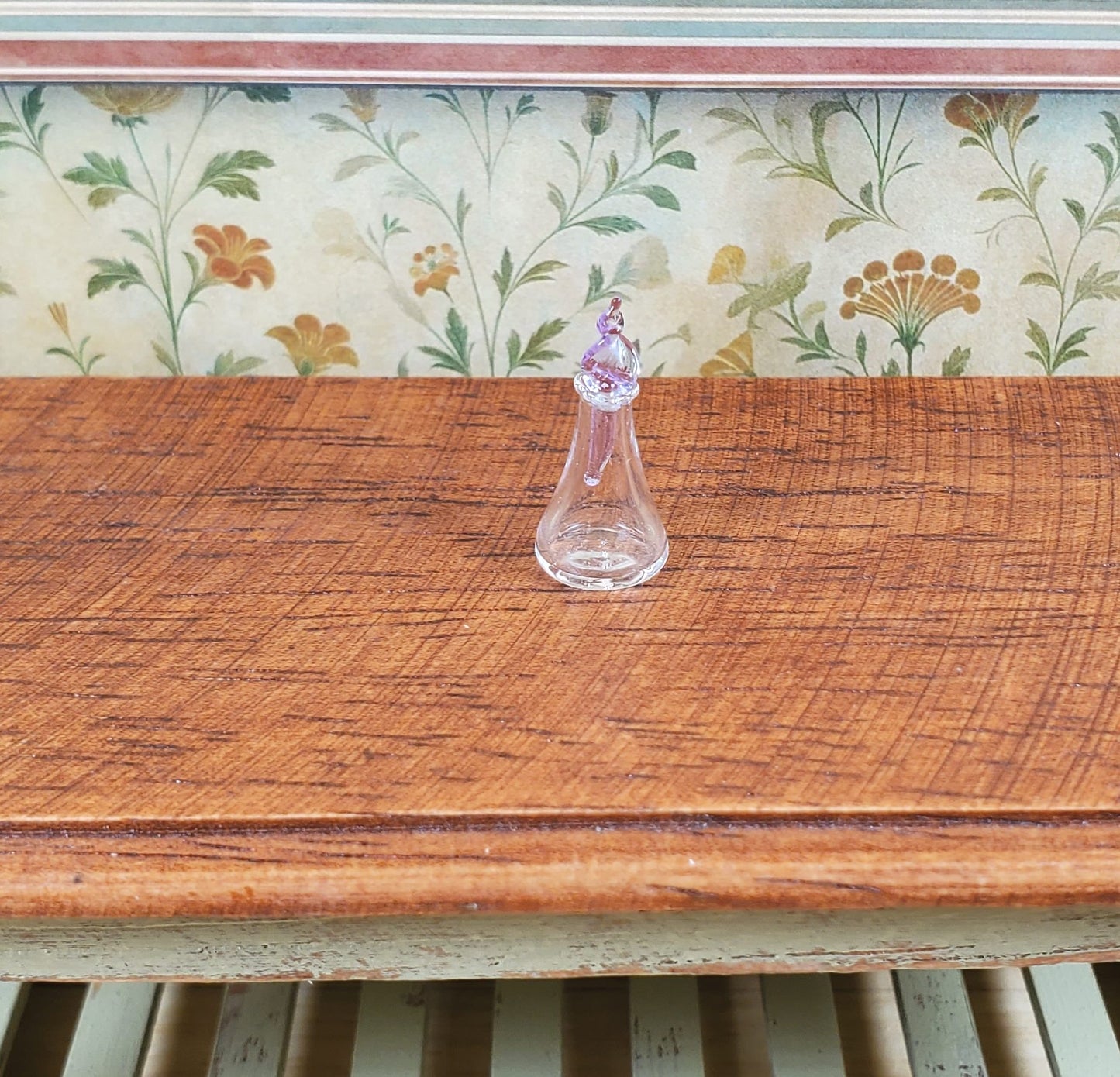 Miniature Glass Decanter Bottle with Lavender Twist Stopper 1:12 Scale Dollhouse