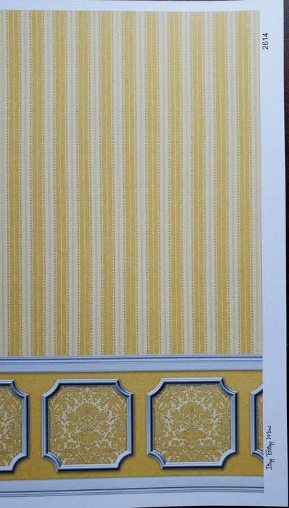Dollhouse Wallpaper Yellow Gold Striped Annabelle Wainscot 1:12 Scale Itsy Bitsy