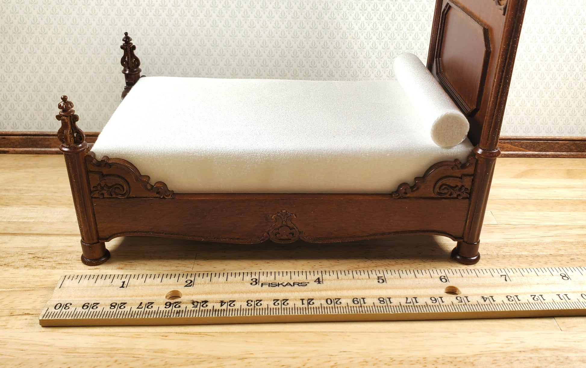 JBM Dollhouse Bed Large Victorian with Canopy 1:12 Scale Furniture Walnut Finish