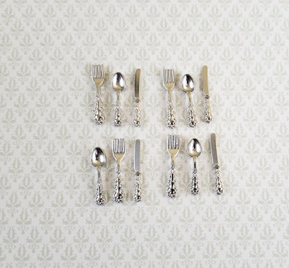 Dollhouse Miniature Silver Flatware Silverware Fancy Set 4 Place Settings 1:12 Scale