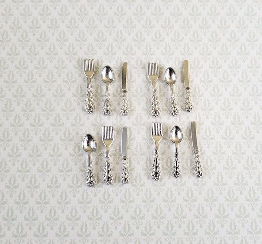 Dollhouse Miniature Silver Flatware Silverware Fancy Set 4 Place Settings 1:12 Scale