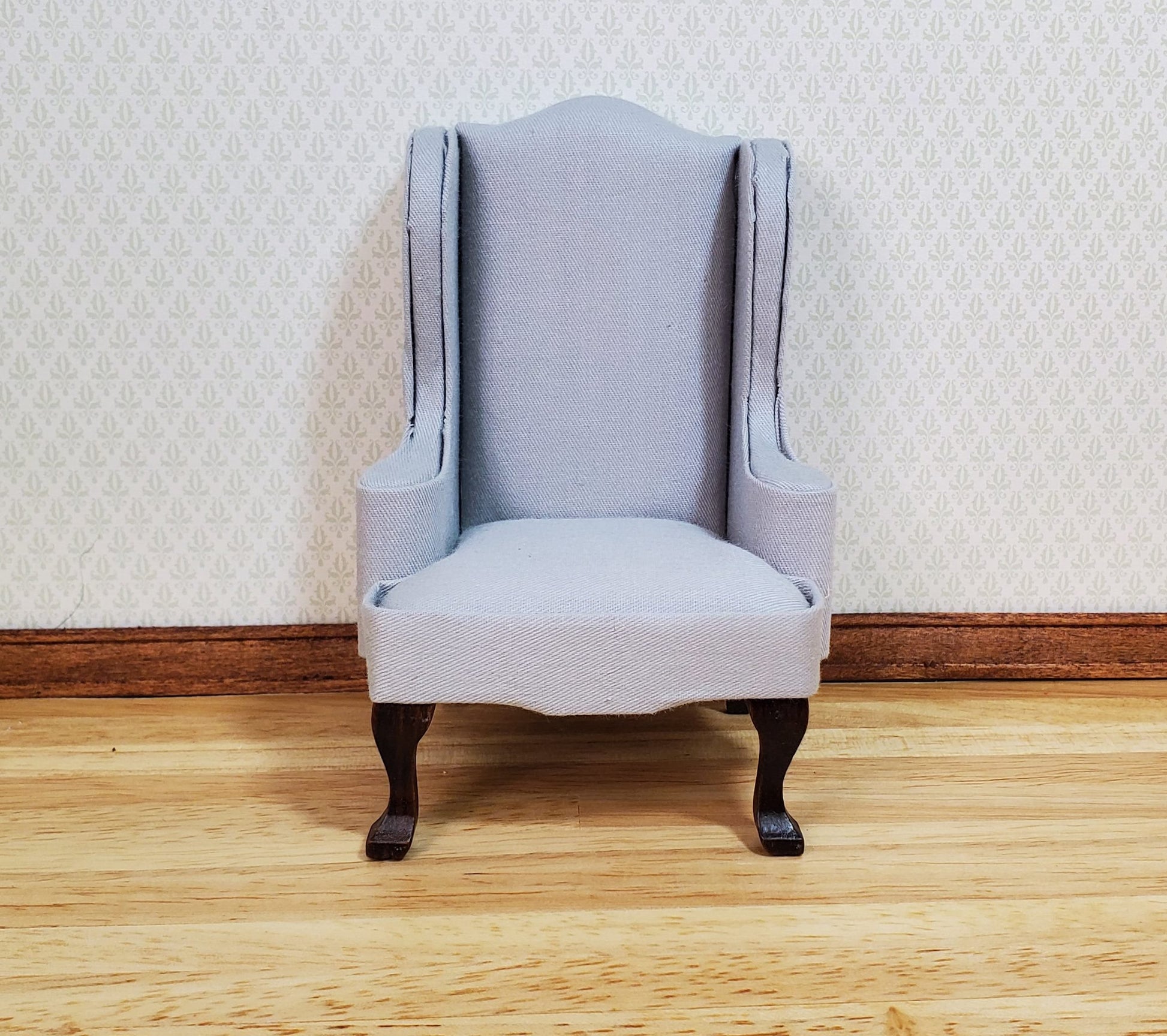 Dollhouse Arm Chair Wing Back Gray Fabric 1:12 Scale Miniature Furniture