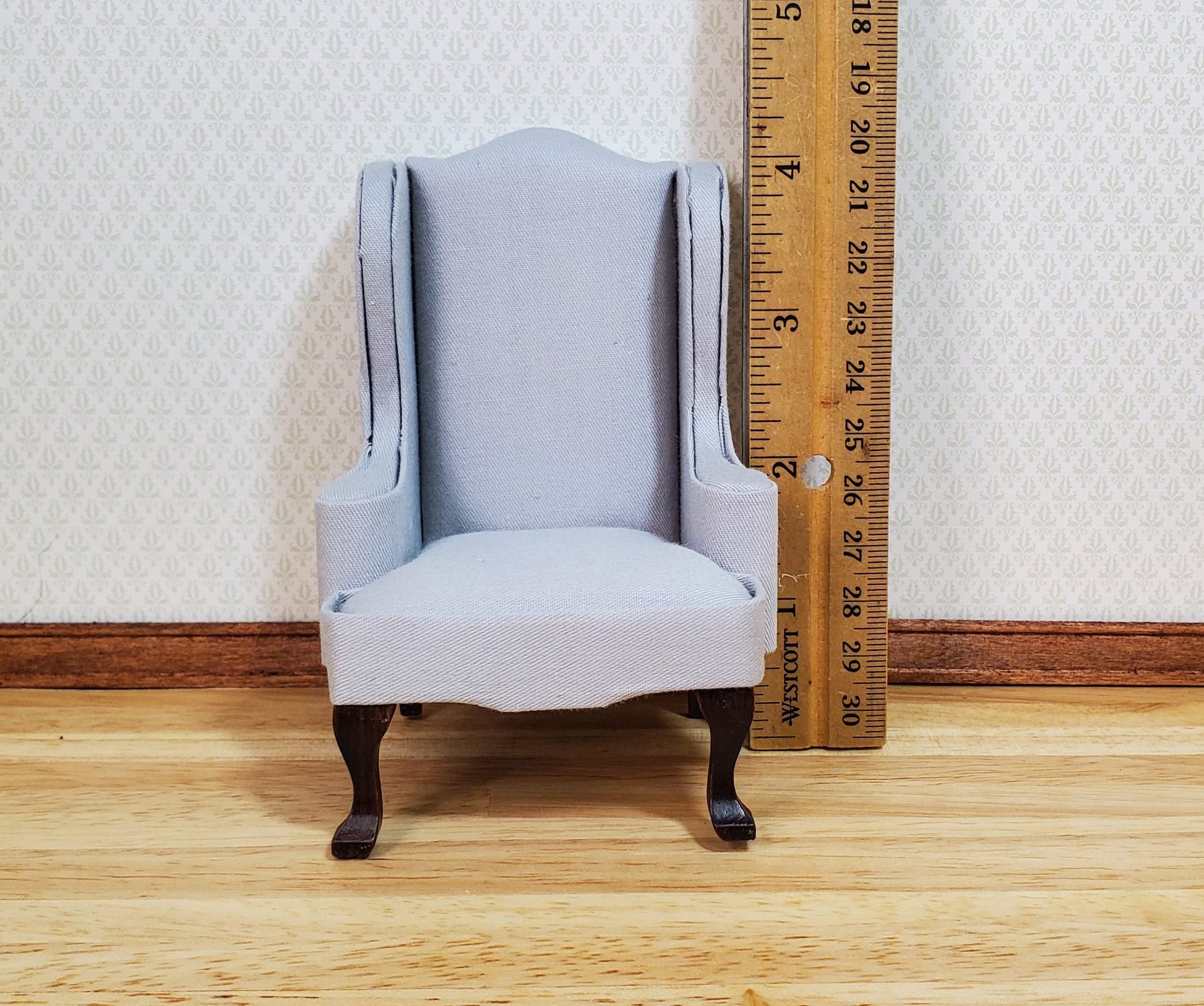 Dollhouse Arm Chair Wing Back Gray Fabric 1:12 Scale Miniature Furniture