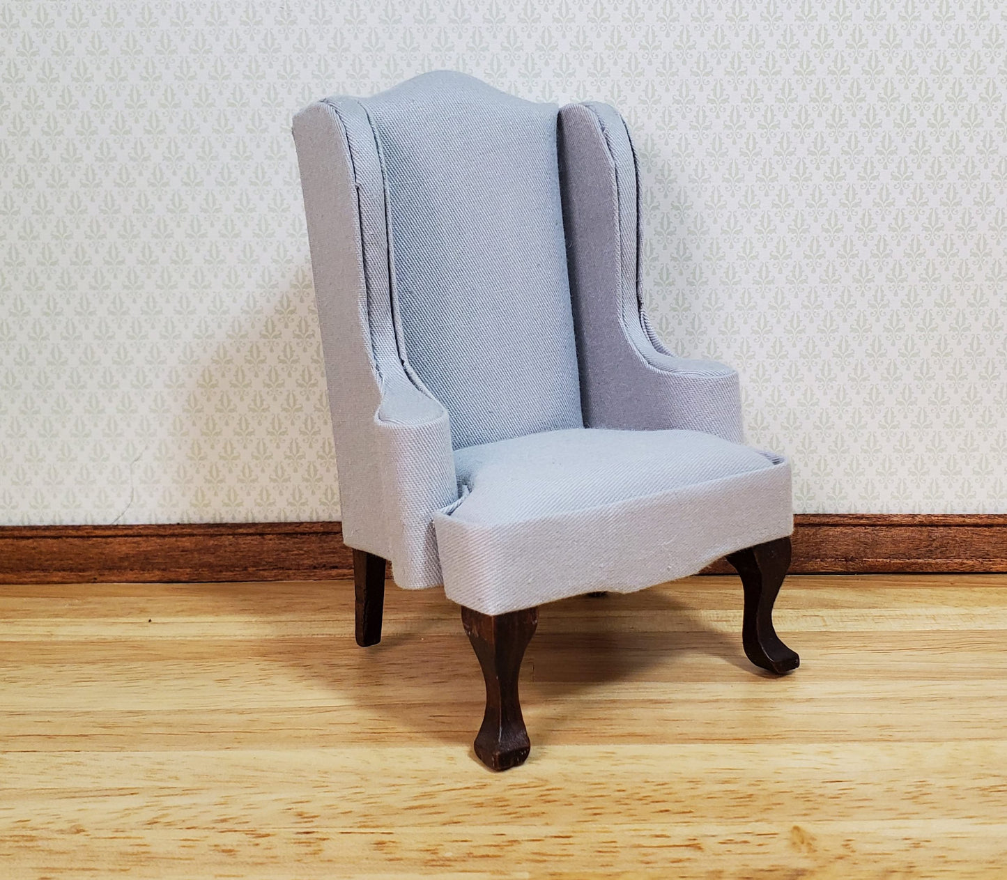 Dollhouse Arm Chair Wing Back Gray Fabric 1:12 Scale Miniature Furniture