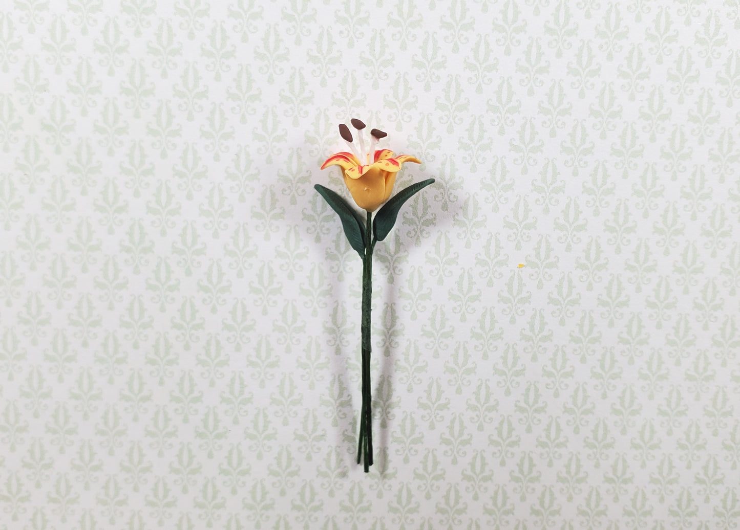 Dollhouse Orange & Red Tiger Lily Single Stem with Foliage 1:12 Scale Miniature