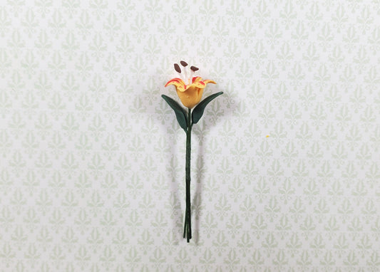 Dollhouse Orange & Red Tiger Lily Single Stem with Foliage 1:12 Scale Miniature
