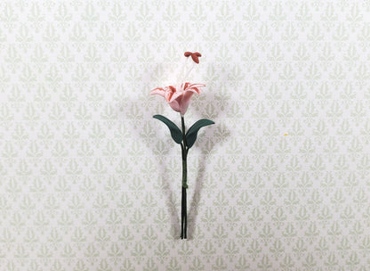Dollhouse Pink & Red Tiger Lily Single Stem with Foliage 1:12 Scale Miniature