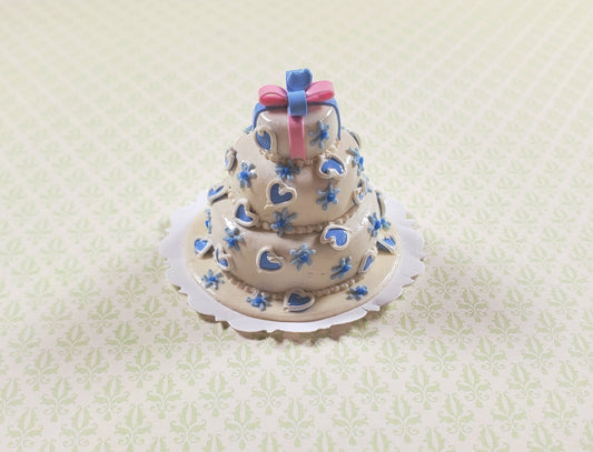 Dollhouse 3 Tier Blue Heart Wedding Cake 1:12 Scale Miniature Dessert Food