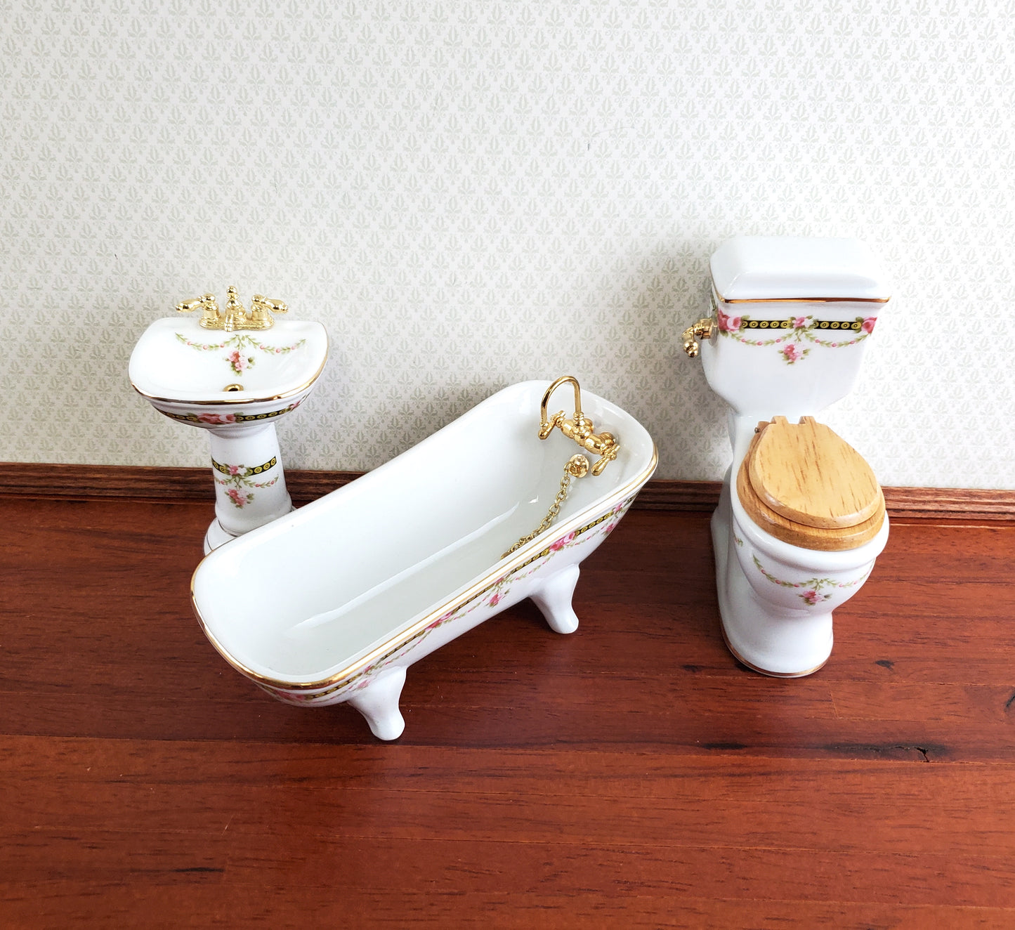Reutter Porcelain Dollhouse Bathroom Set Victorian Rose 1:12 Scale Tub Sink ++