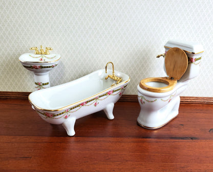 Reutter Porcelain Dollhouse Bathroom Set Victorian Rose 1:12 Scale Tub Sink ++