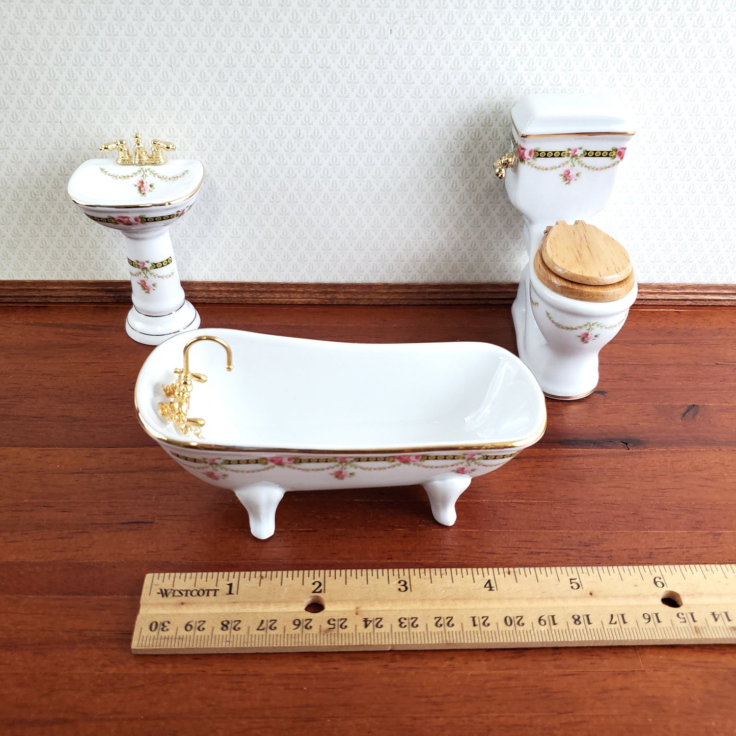 Reutter Porcelain Dollhouse Bathroom Set Victorian Rose 1:12 Scale Tub Sink ++