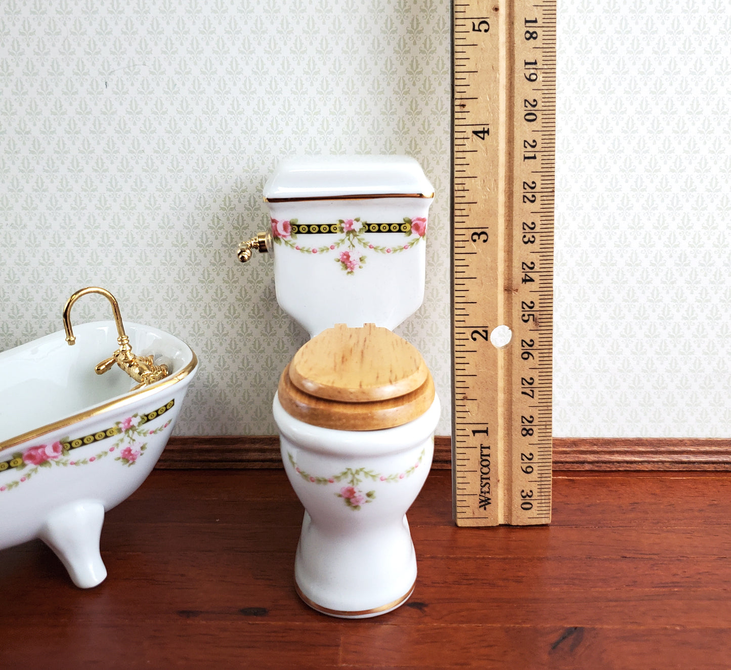 Reutter Porcelain Dollhouse Bathroom Set Victorian Rose 1:12 Scale Tub Sink ++