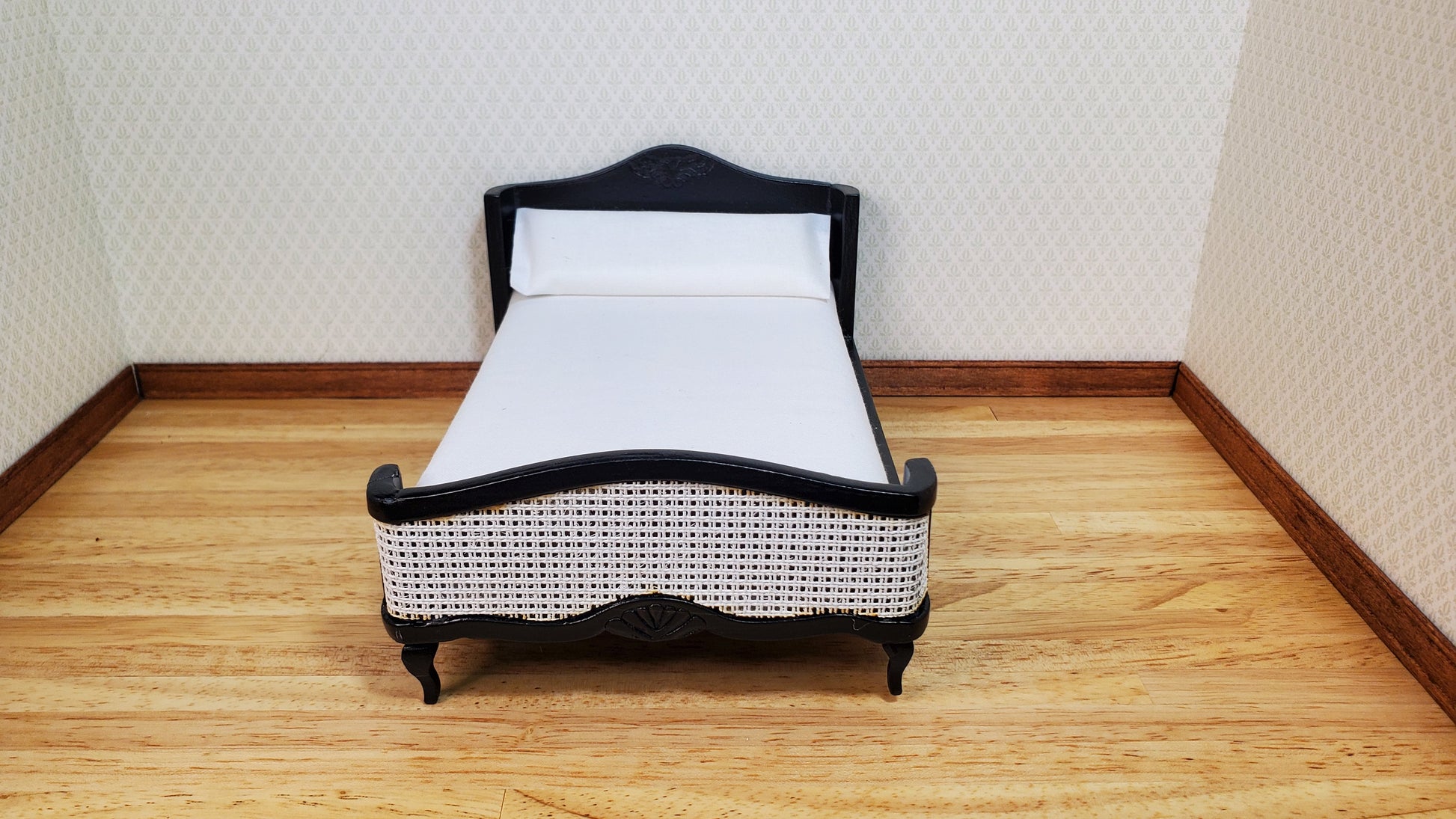 Dollhouse Double Bed Wood with Black Finish 1:12 Scale Bedroom Furniture