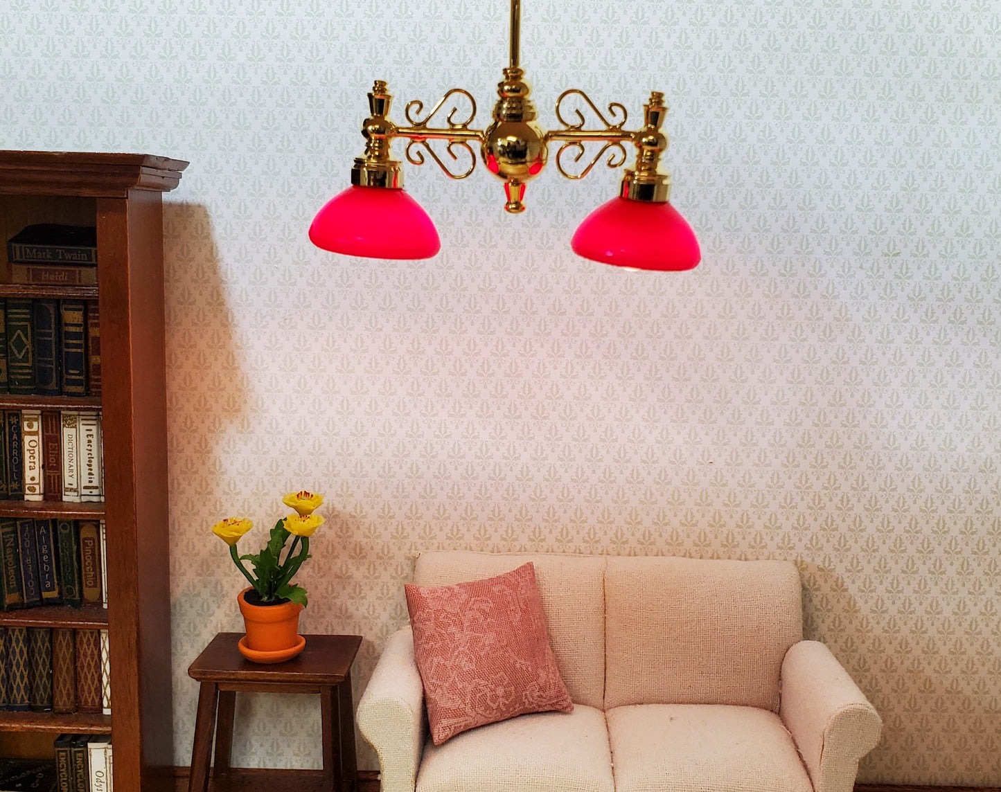 Dollhouse Billiard Light Red Shades 12 Volt w/ Plug 1:12 Scale Miniature