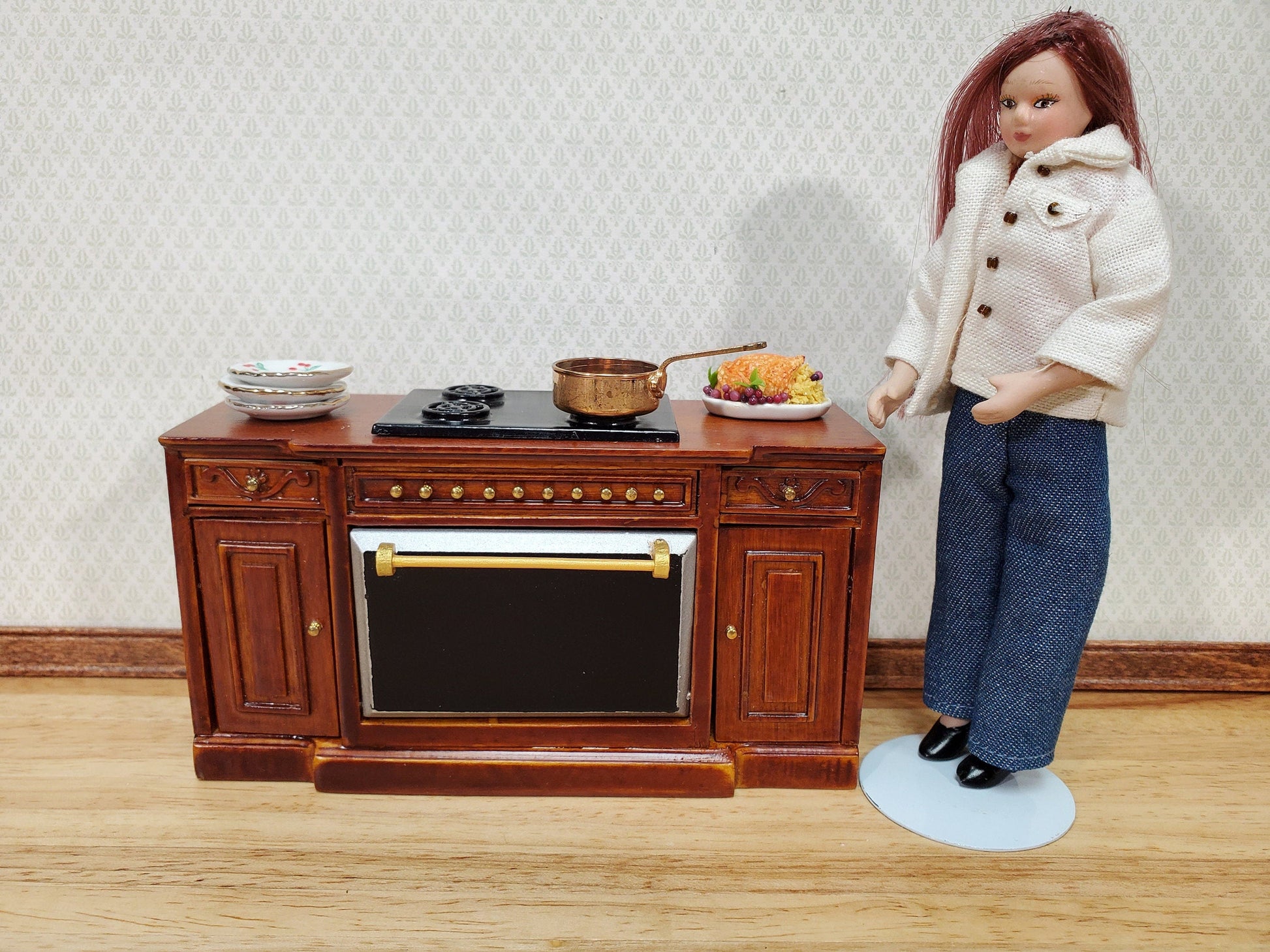 Dollhouse Stove Oven Cabinet Walnut Finish 1:12 Scale Miniature Kitchen Cupboard