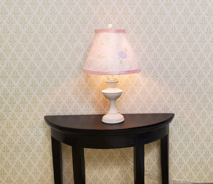Dollhouse Nursery Table Lamp Pink Shade White Brass Base 12 Volt Wired 1:12