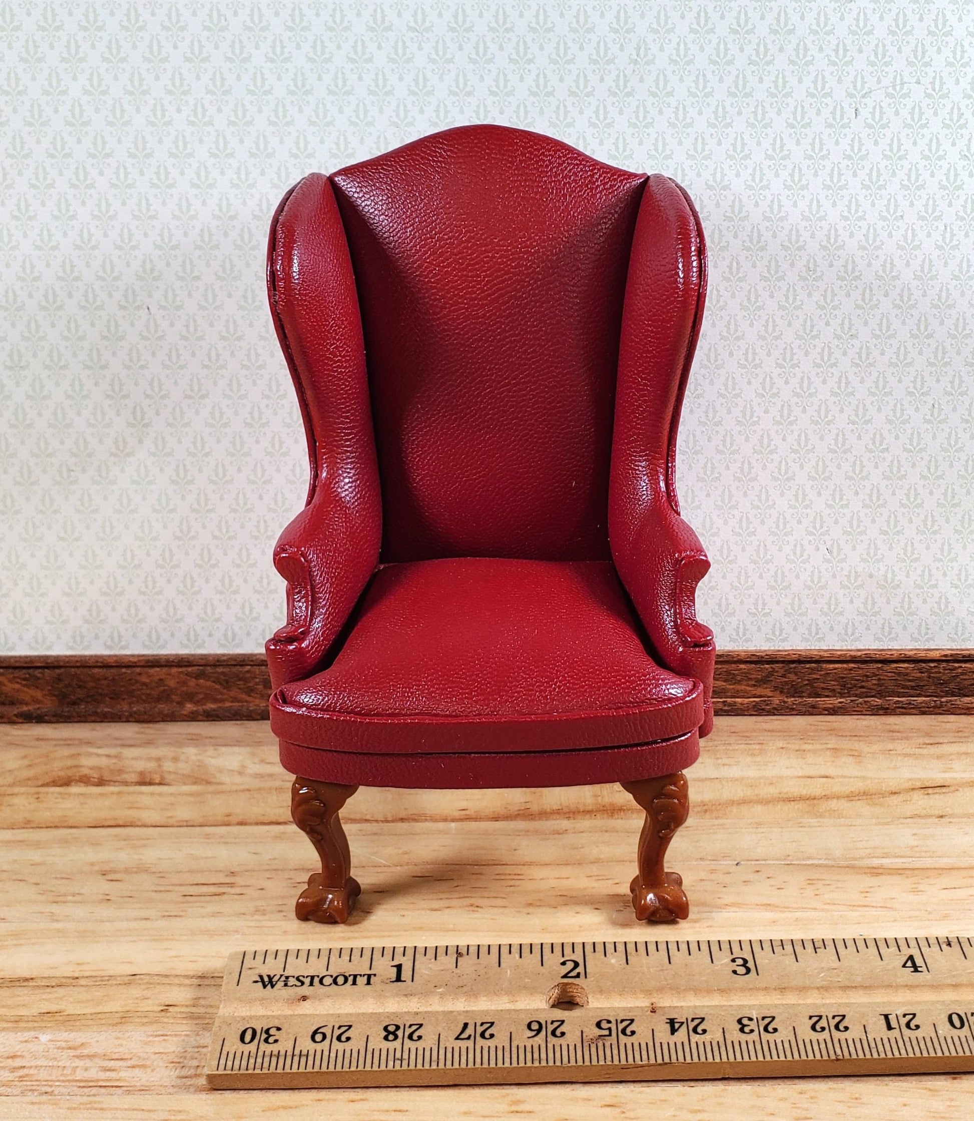 Dollhouse Miniature Wing Back Arm Chair Dark Red 1:12 Scale Furniture Faux Leather