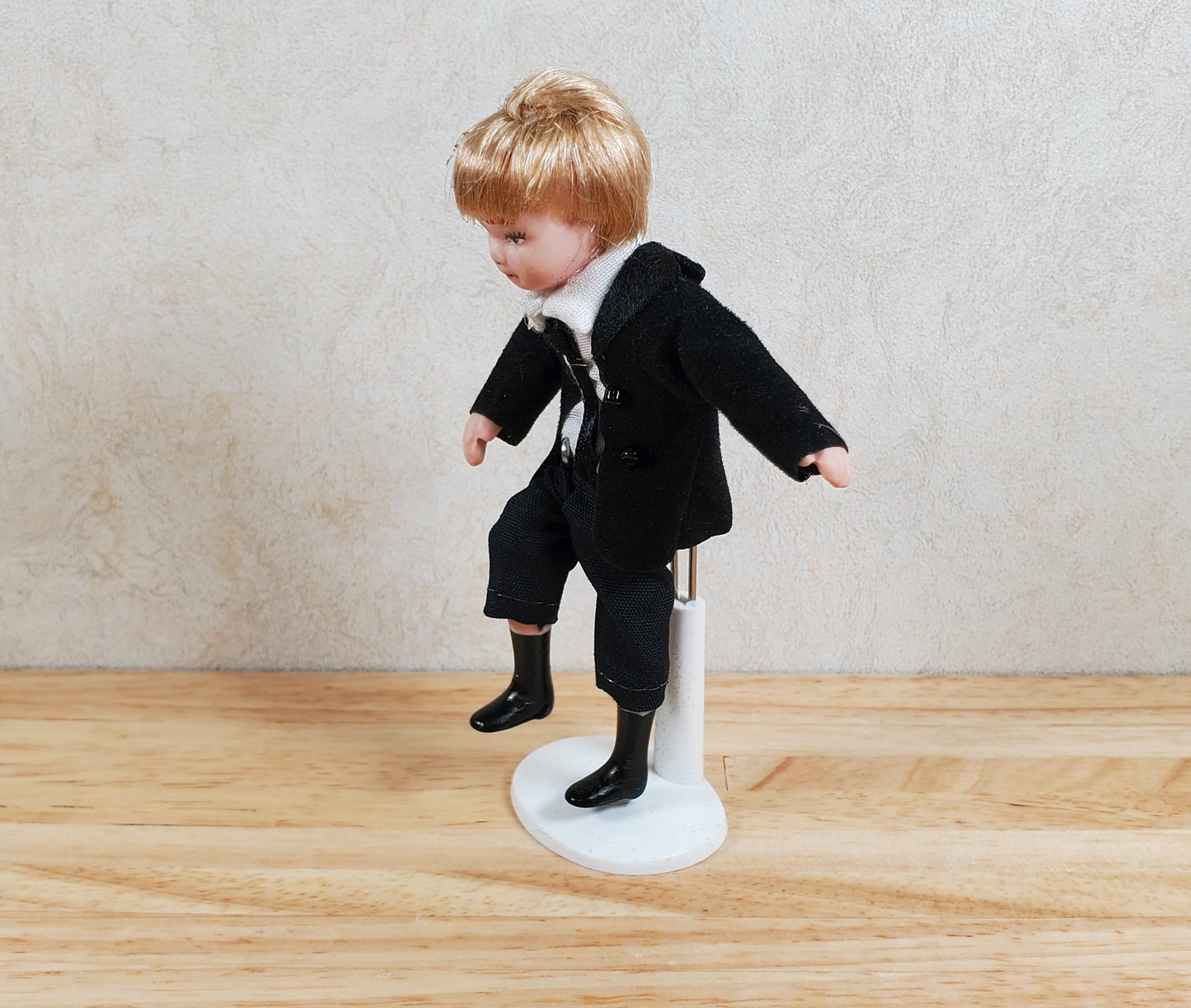 Dollhouse Boy in Black Suit & Tie Son Doll Porcelain Semi-Poseable 1:12 Scale
