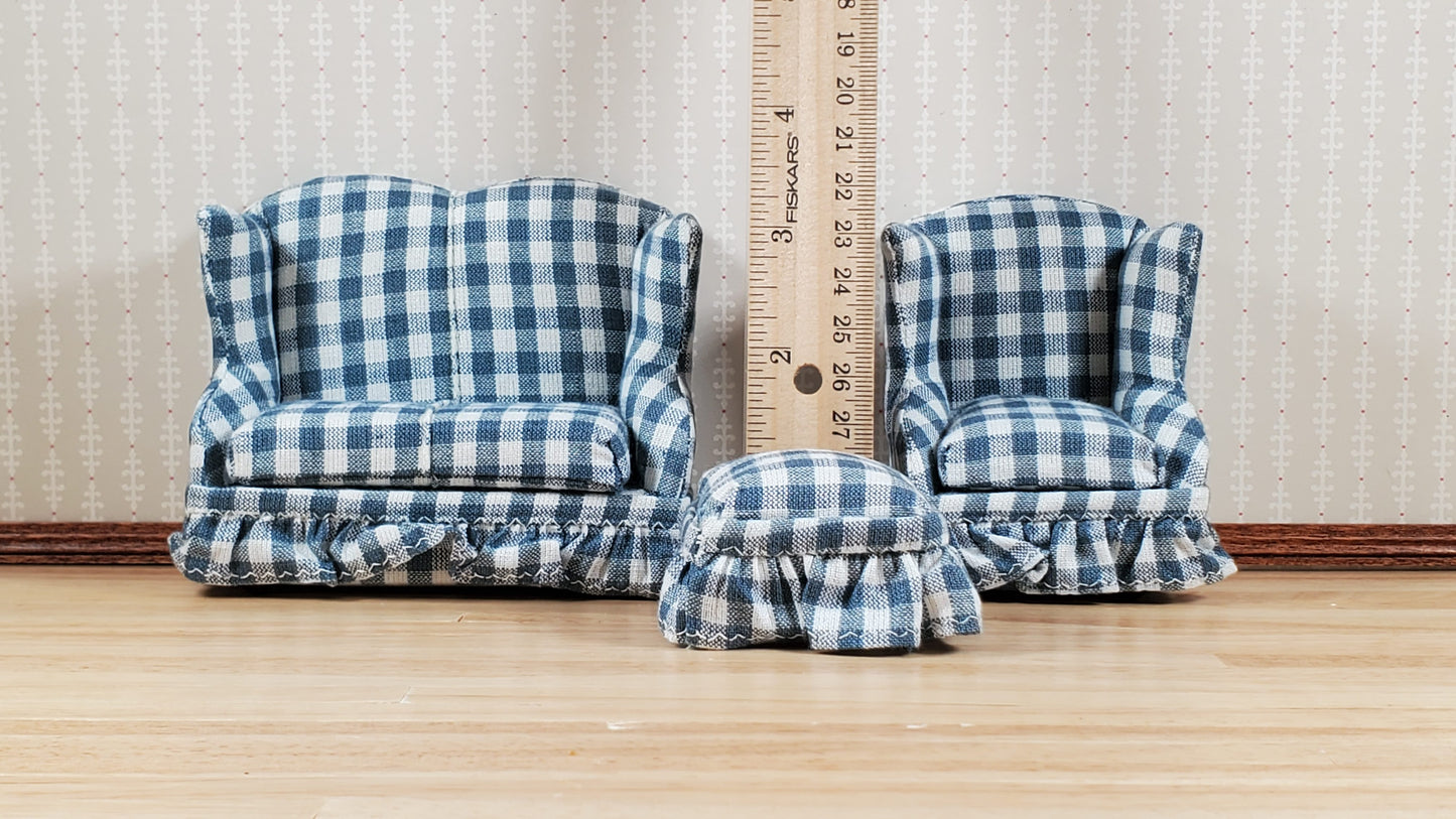 Dollhouse Small Sofa Chair Ottoman Gray Plaid 1:12 Scale Miniature Furniture