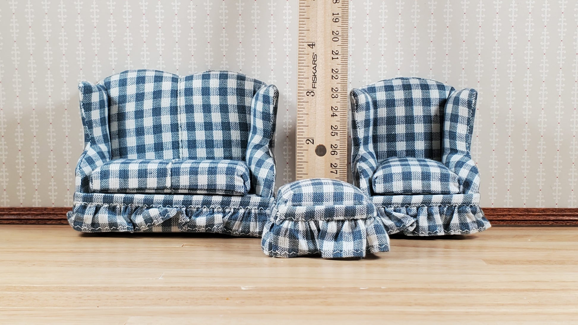 Dollhouse Small Sofa Chair Ottoman Gray Plaid 1:12 Scale Miniature Furniture