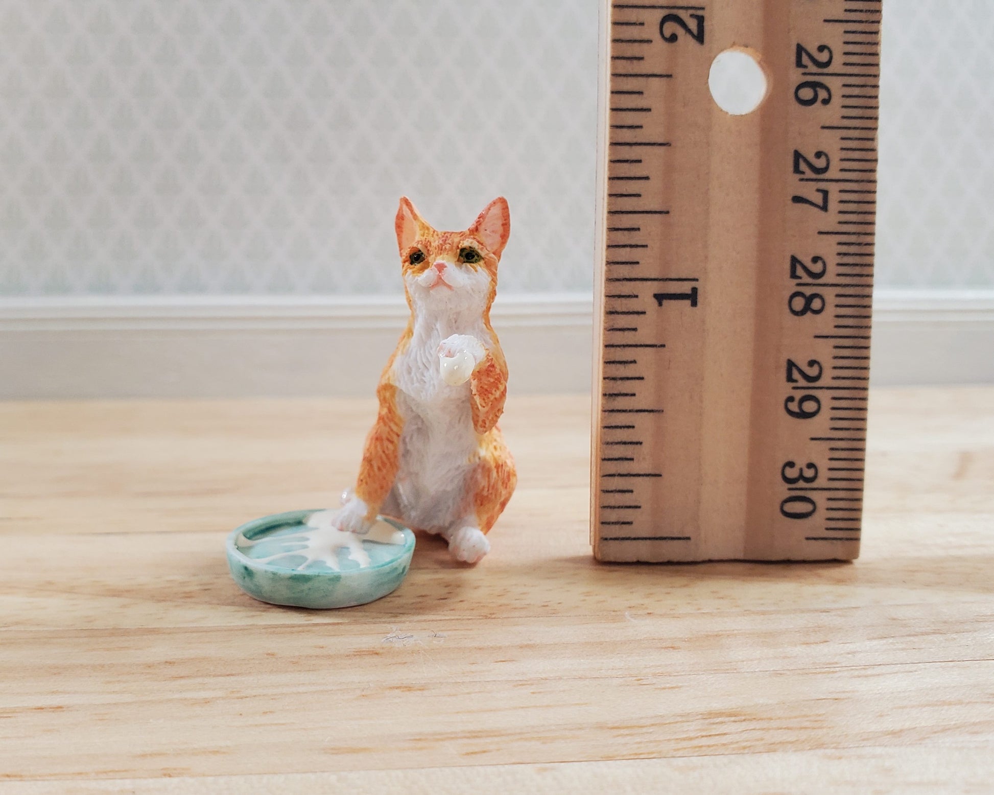 Miniature Kitty Cat Orange Tabby Stepping in Milk Dish 1:12 by Falcon Miniatures
