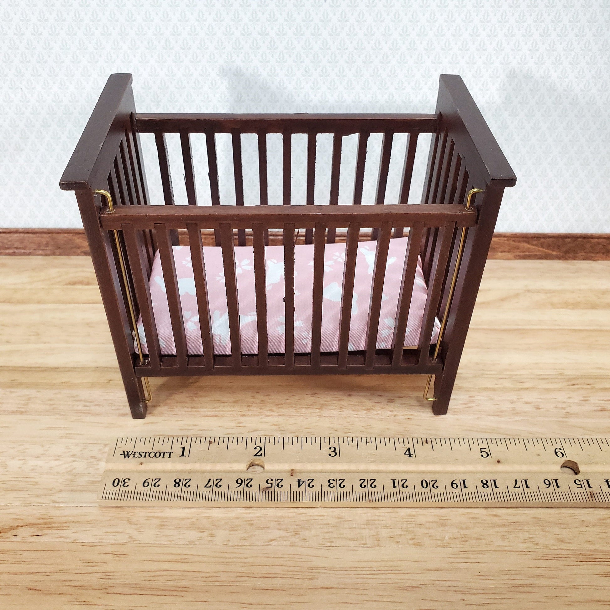 Dollhouse Crib Wood Drop Side Dark Walnut 1:12 Scale Miniature Nursery Furniture
