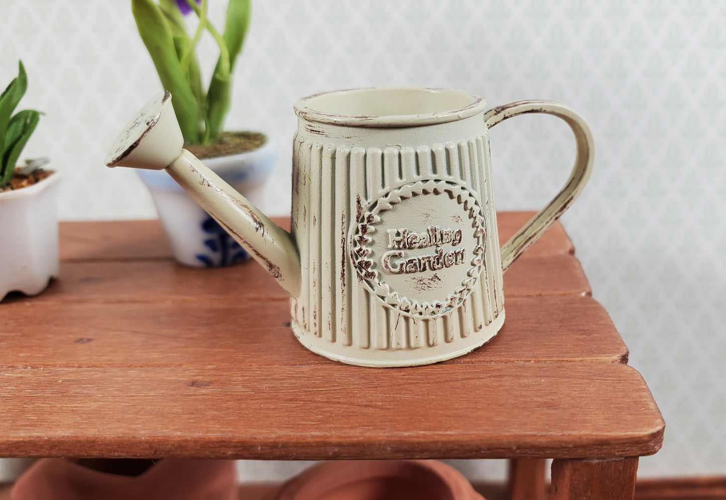 Dollhouse Metal Watering Can with Handle Aged White 1:12 Scale Miniature Garden
