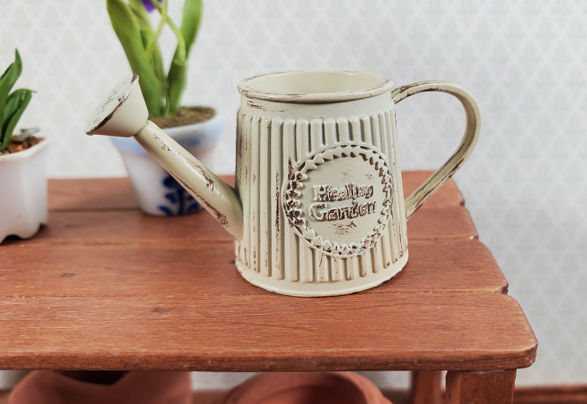 Dollhouse Metal Watering Can with Handle Aged White 1:12 Scale Miniature Garden