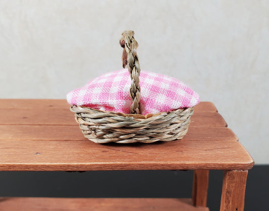 Dollhouse Picnic Basket with Pink & White Gingham Cover 1:12 Scale Miniature