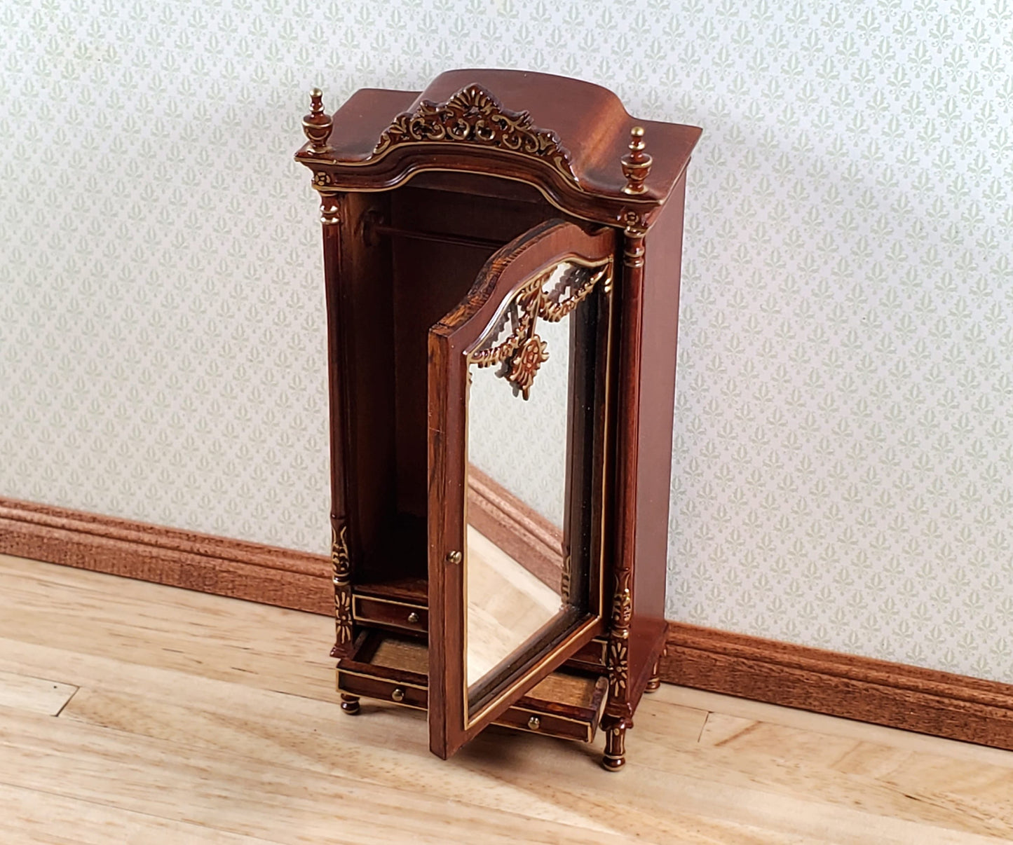 Dollhouse Mirrored Wardrobe Walnut Finish 1:12 Scale by Hansson Miniatures