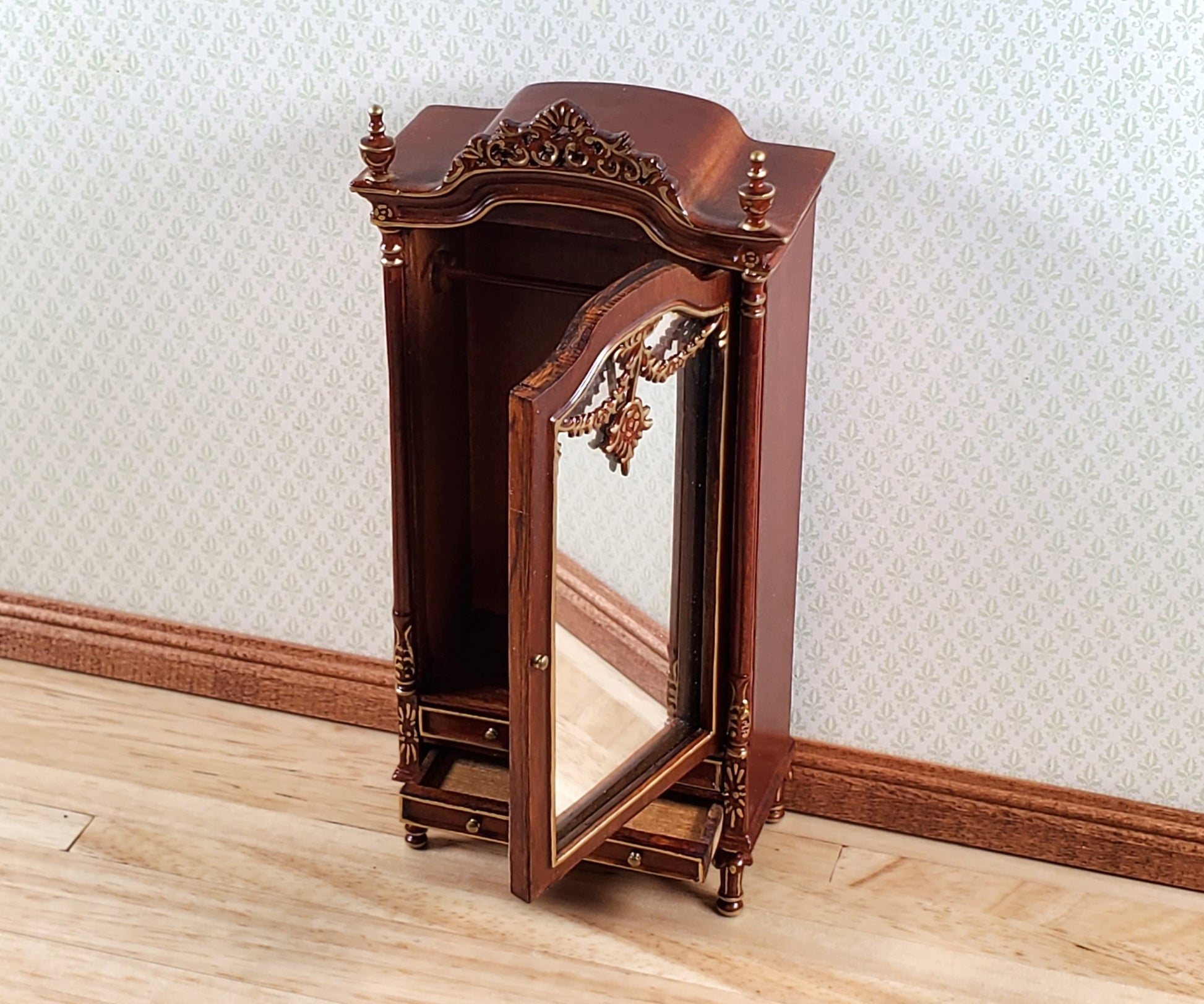 Dollhouse Mirrored Wardrobe Walnut Finish 1:12 Scale by Hansson Miniatures