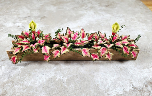 Dollhouse Pink Caladium in a 5.25" Window Box Planter 1:12 Scale Miniature