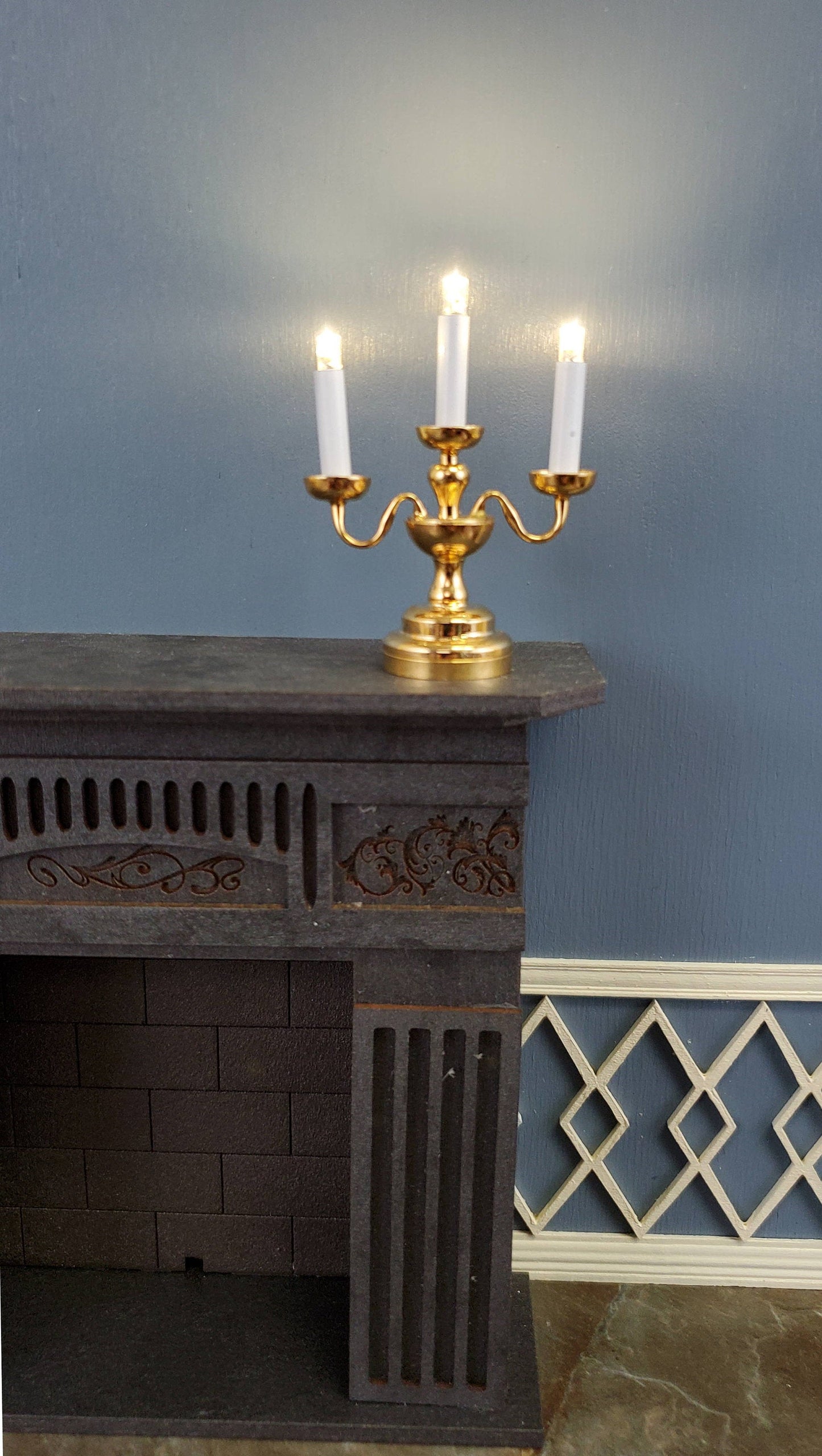 Dollhouse Miniature Battery Light Candelabra 3 Arm Gold 1:12 Scale Lamp