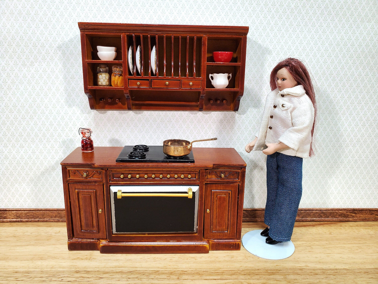 Dollhouse Plate Rack Shelf Kitchen Walnut with Drawers and Shelves 1:12 Scale Miniature