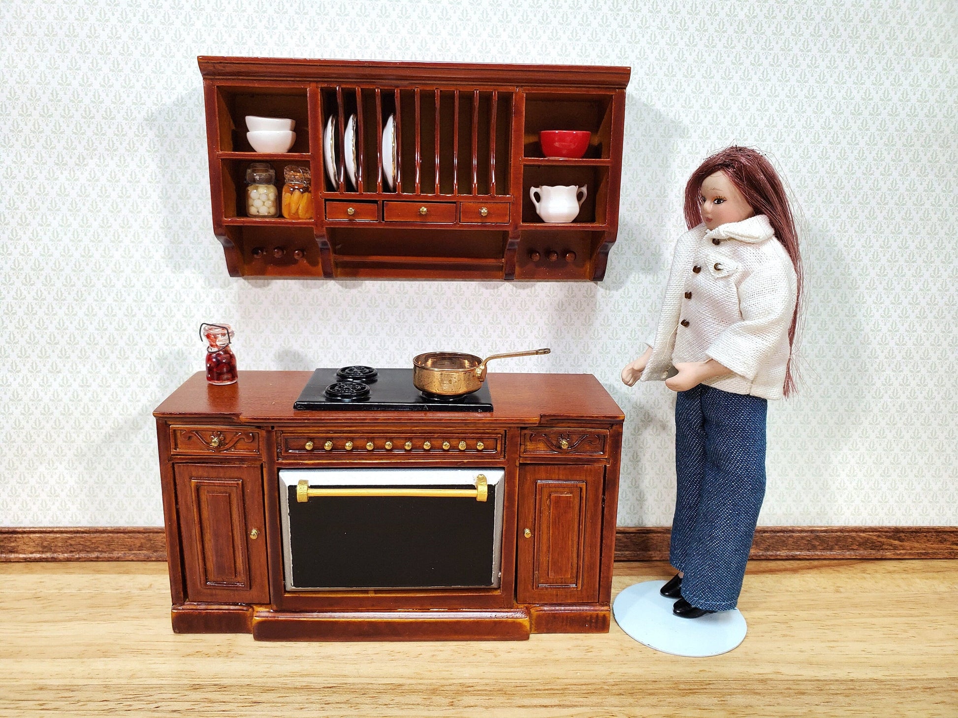 Dollhouse Plate Rack Shelf Kitchen Walnut with Drawers and Shelves 1:12 Scale Miniature