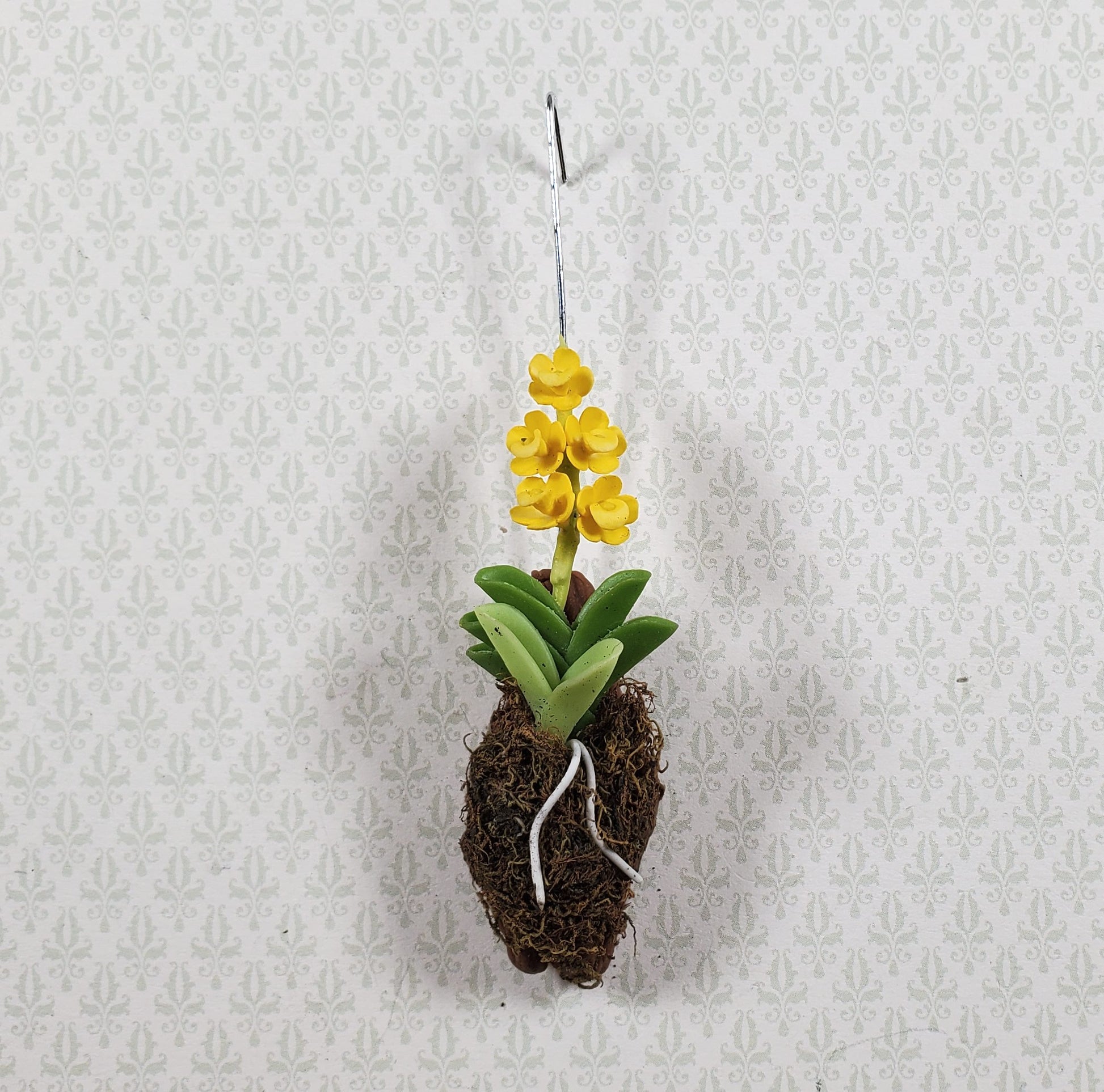 Dollhouse Hanging Orchid Yellow with Bark & Moss Flowering Plant 1:12 Scale