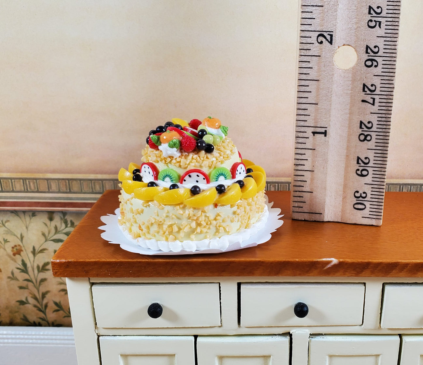Dollhouse Large 2 Tier Cake with Fruit Topping 1:12 Scale Miniature Dessert Food