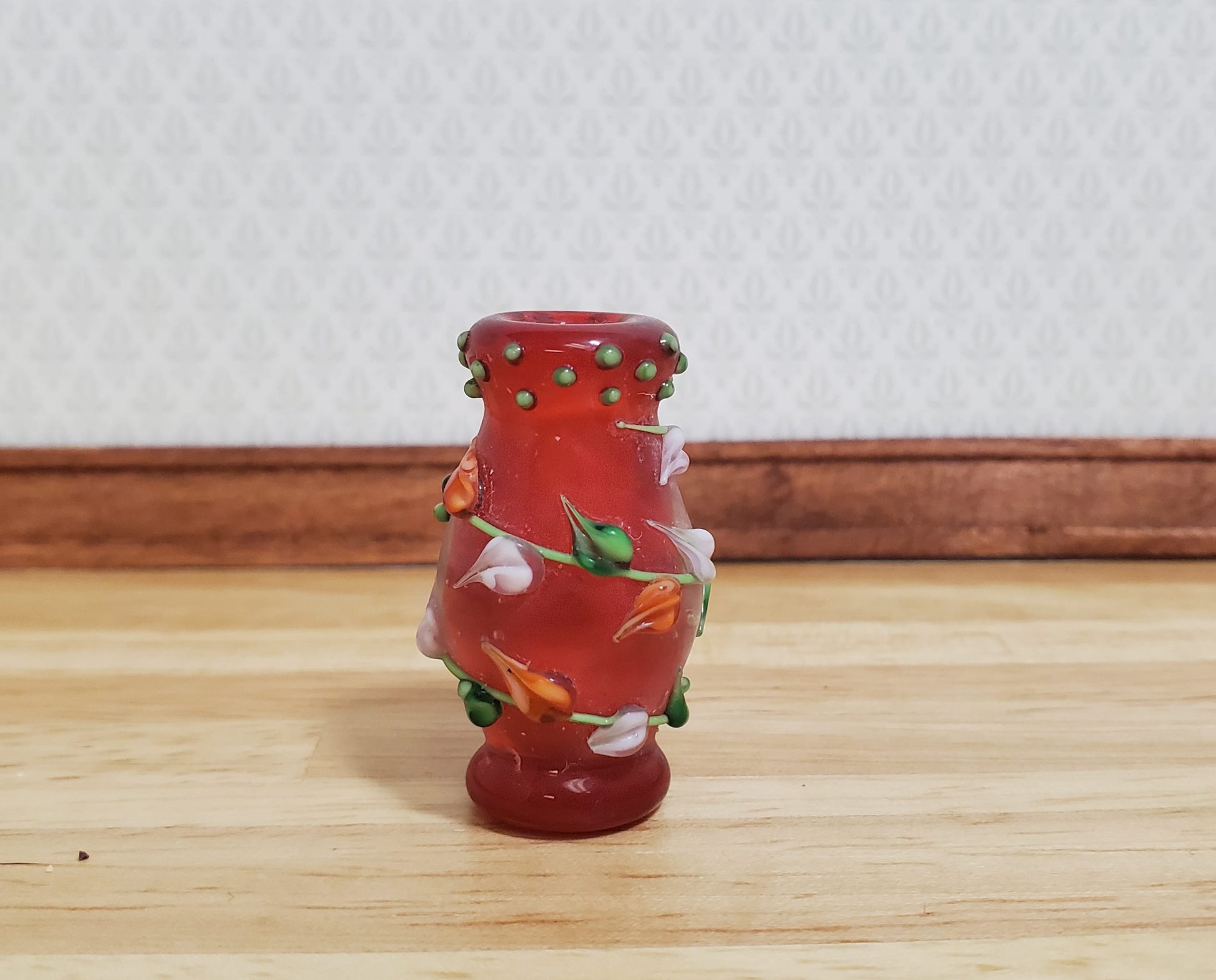 Dollhouse Floor Vase Red Fused with Leaves Use in 1:12 or 1/6 Scale Miniature