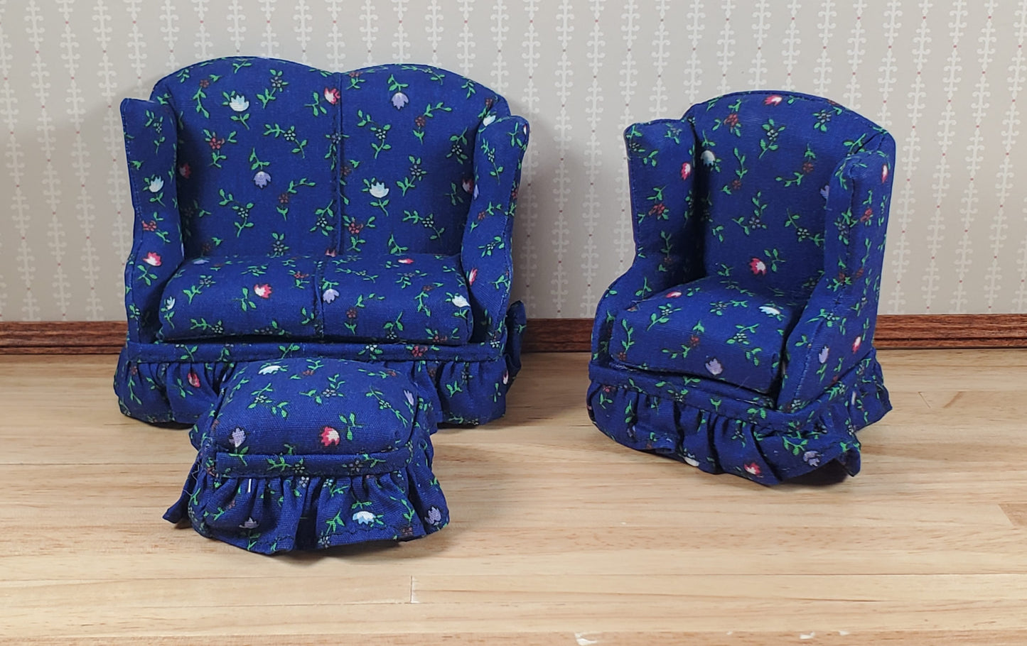 Dollhouse Small Sofa Chair Ottoman Dark Blue Floral 1:12 Scale Miniature Furniture