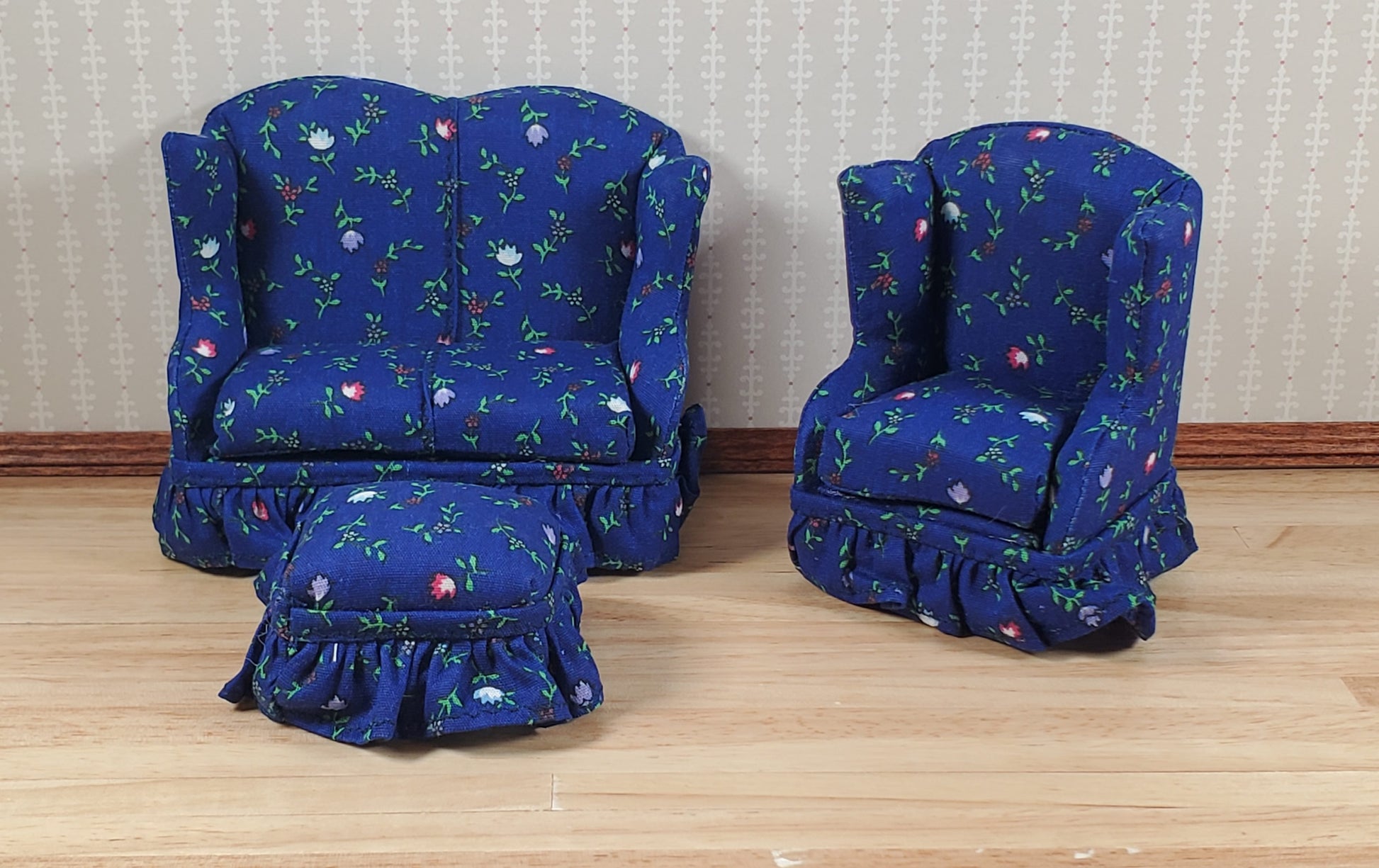 Dollhouse Small Sofa Chair Ottoman Dark Blue Floral 1:12 Scale Miniature Furniture