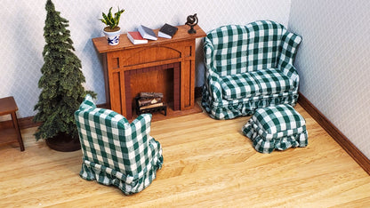 Dollhouse Small Sofa Chair Ottoman Green Plaid 1:12 Scale Miniature Furniture