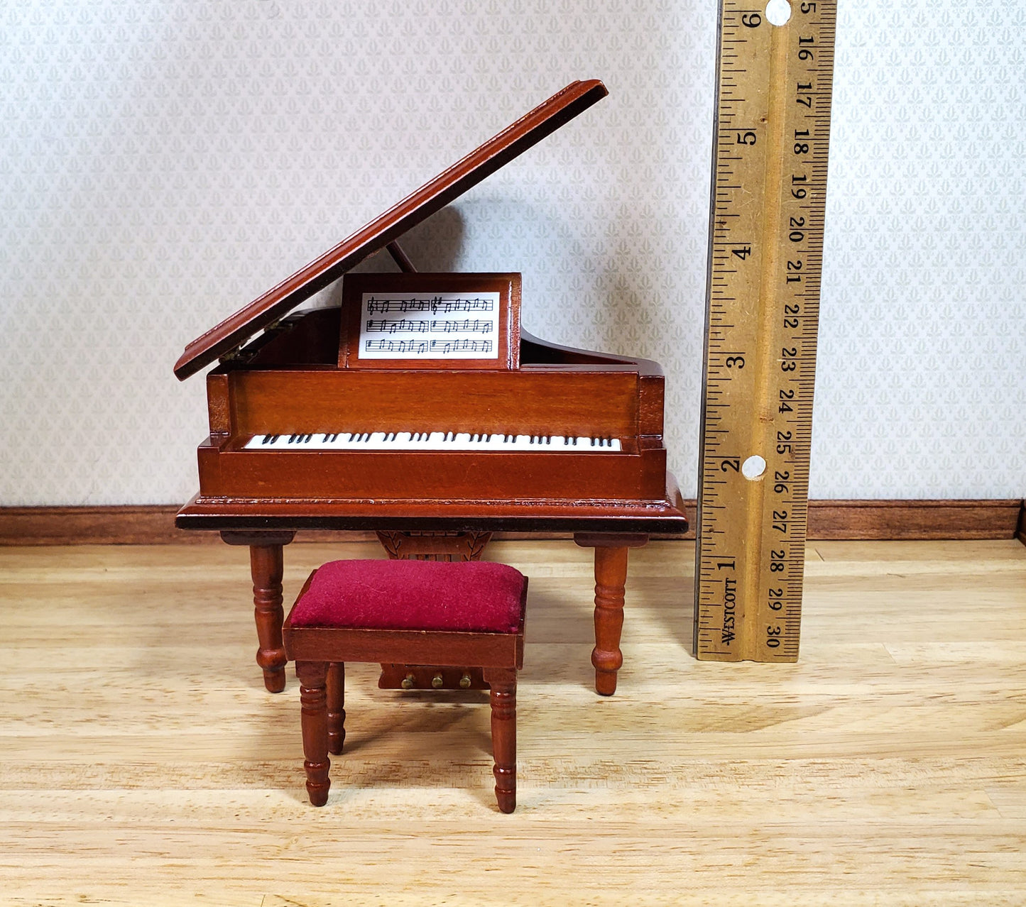 Dollhouse Grand Piano with Bench Seat Wood Instrument 1:12 Scale Miniature