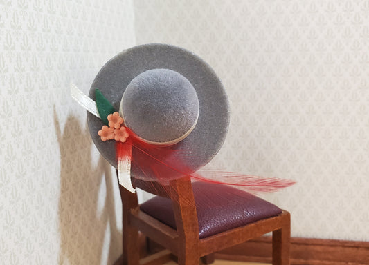 Dollhouse Gray Velvet Hat with Feather & Flowers Wearable 1:12 Scale Miniature