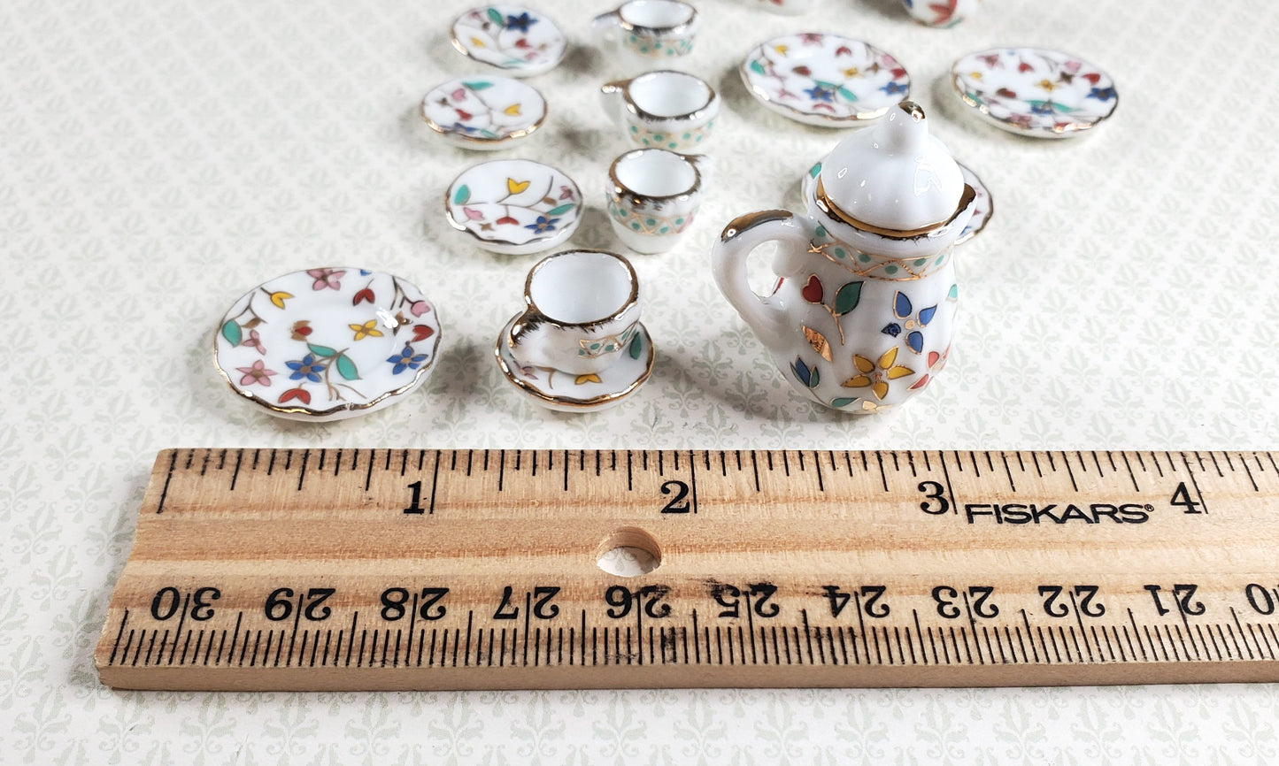 Dollhouse Coffee Set with Plates Ceramic Whimsey Flowers 1:12 Scale Miniature