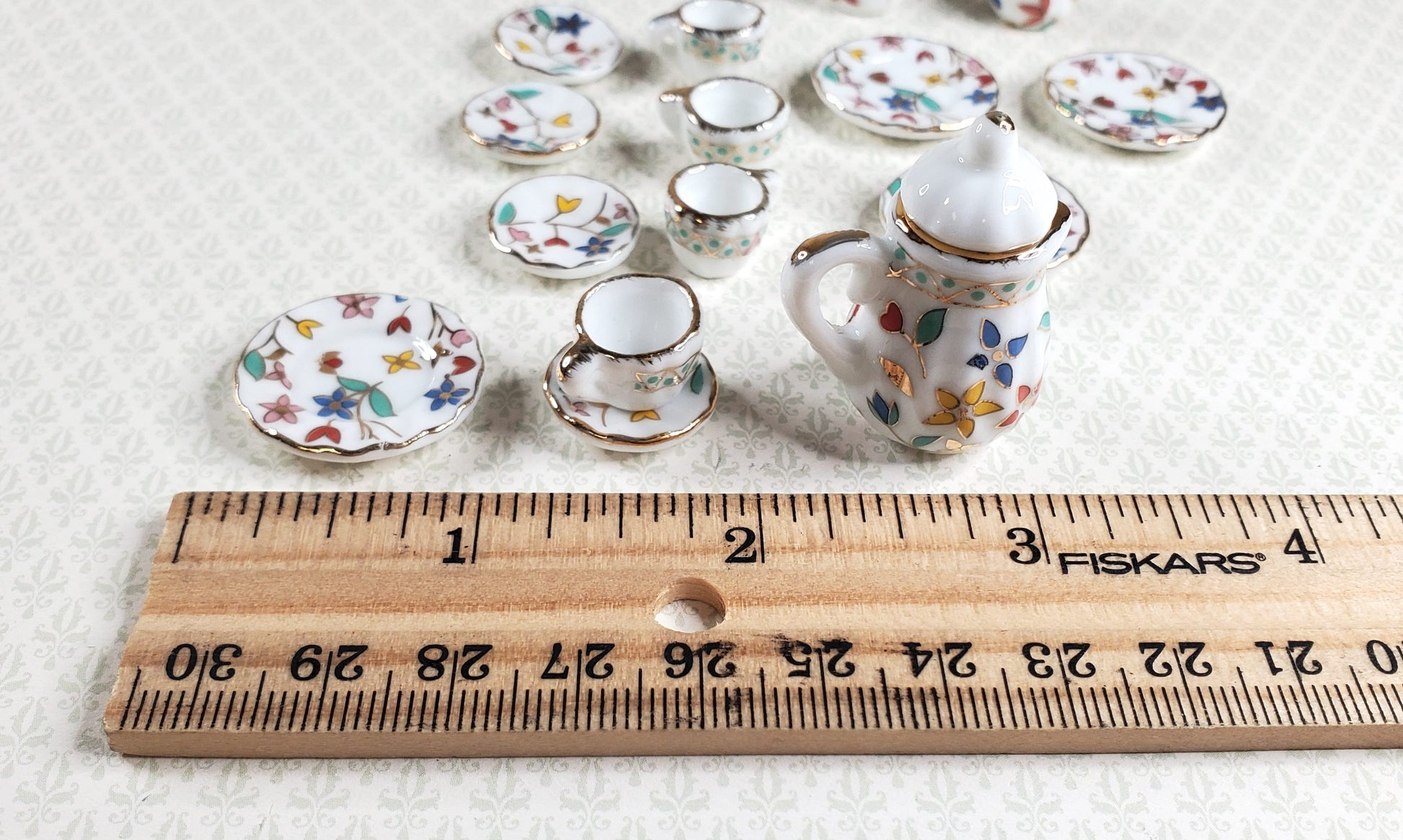 Dollhouse Coffee Set with Plates Ceramic Whimsey Flowers 1:12 Scale Miniature